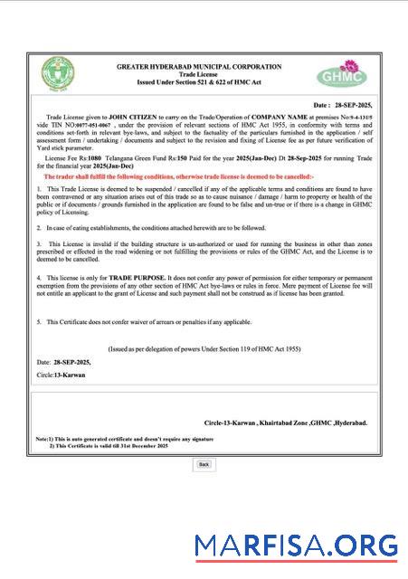 Downloadable India Hyderabad trade license Word and PDF template